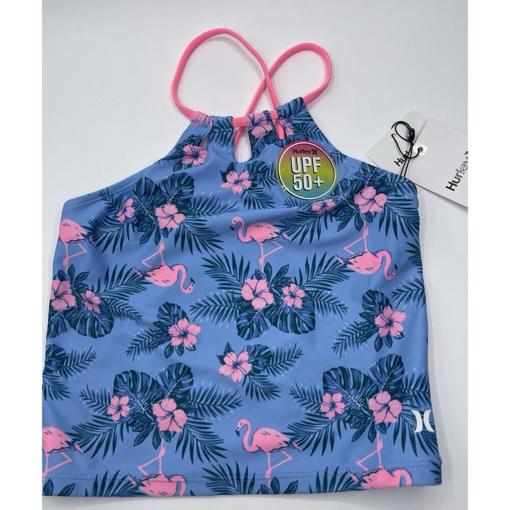 Hurley Tankini Top Girls Kids Youth Size 7 Blue Pink Flamingos UPF‎ 50+